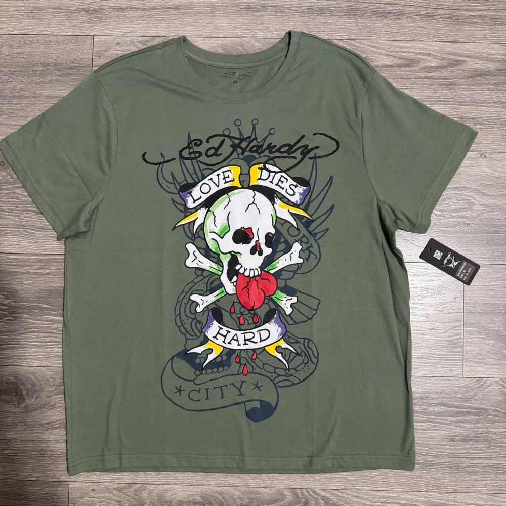 Ed Hardy Mens XL T-Shirt Olive Green Love Dies Hard Skull Graphic Cotton Blend